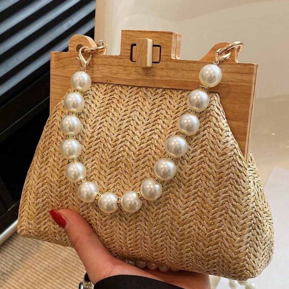 Pearl-Trim Woven Straw Clutch Bag - Beige